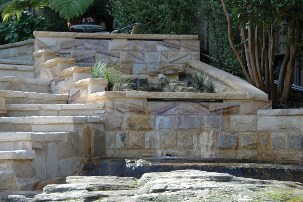Terraced stone retaining walls in a garden